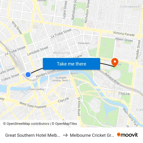 Great Southern Hotel Melbourne to Melbourne Cricket Ground map