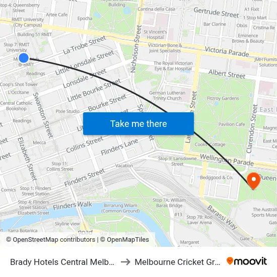 Brady Hotels Central Melbourne to Melbourne Cricket Ground map