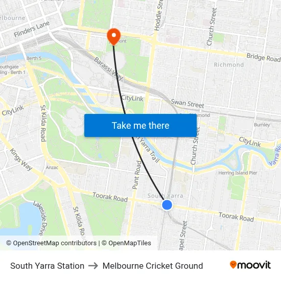 South Yarra Station to Melbourne Cricket Ground map