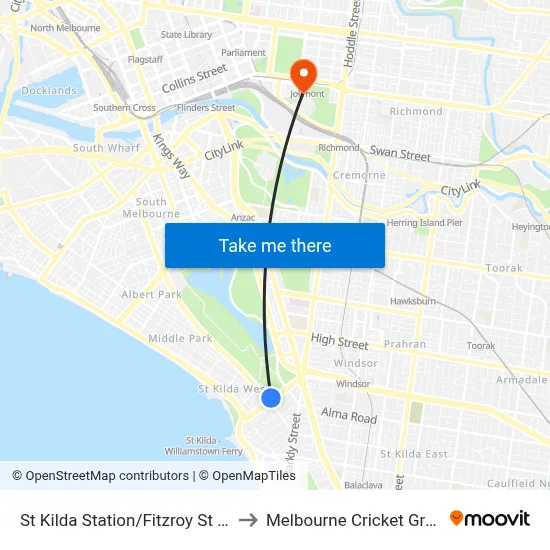St Kilda Station/Fitzroy St #132 to Melbourne Cricket Ground map
