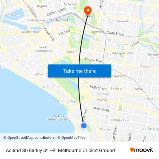 Acland St/Barkly St to Melbourne Cricket Ground map
