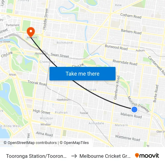 Tooronga Station/Tooronga Rd to Melbourne Cricket Ground map
