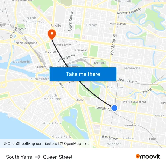South Yarra to Queen Street map