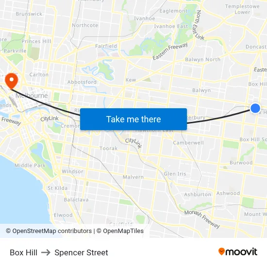 Box Hill to Spencer Street map