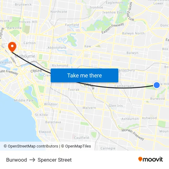 Burwood to Spencer Street map