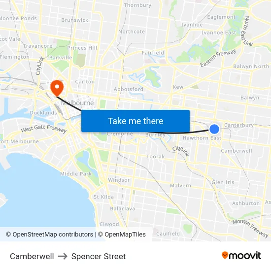 Camberwell to Spencer Street map