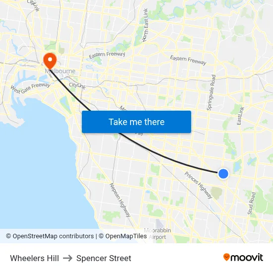 Wheelers Hill to Spencer Street map