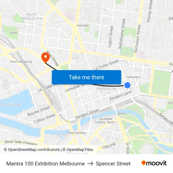 Mantra 100 Exhibition Melbourne to Spencer Street map