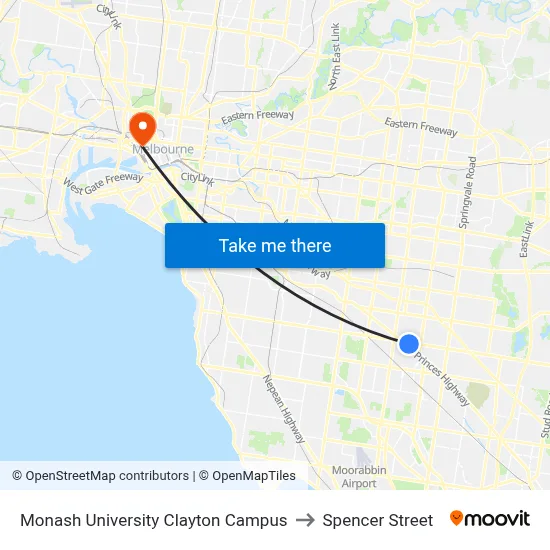 Monash University Clayton Campus to Spencer Street map