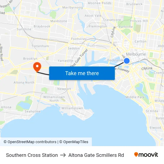 Southern Cross Station to Altona Gate Scmillers Rd map