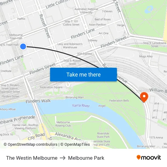 The Westin Melbourne to Melbourne Park map