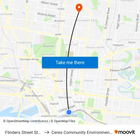 Flinders Street Station to Ceres Community Environment Park map