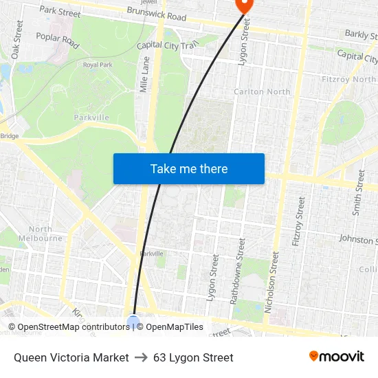 Queen Victoria Market to 63 Lygon Street map