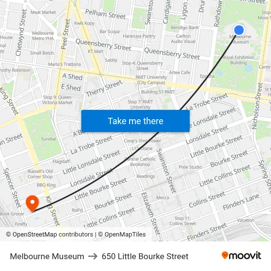 Melbourne Museum to 650 Little Bourke Street map