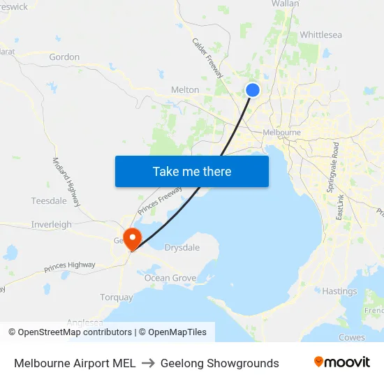 Melbourne Airport MEL to Geelong Showgrounds map