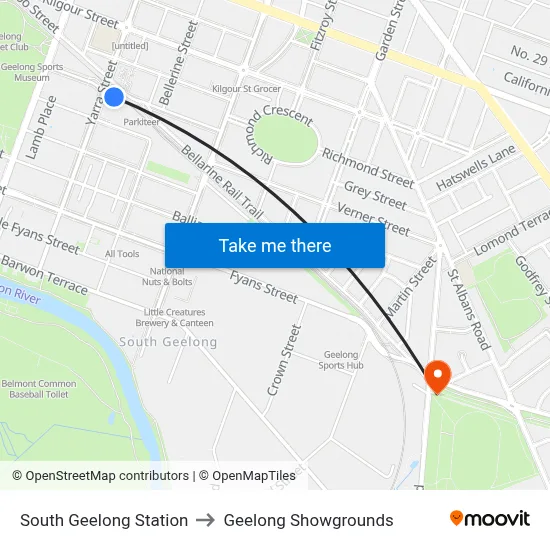 South Geelong Station to Geelong Showgrounds map