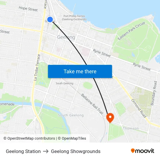 Geelong Station to Geelong Showgrounds map