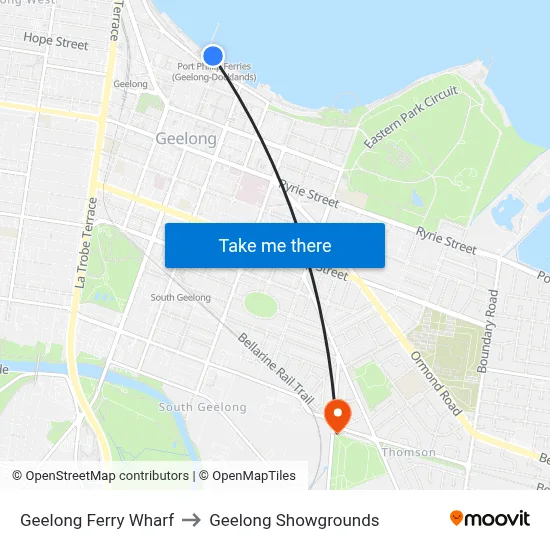 Geelong Ferry Wharf to Geelong Showgrounds map