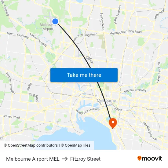 Melbourne Airport MEL to Fitzroy Street map