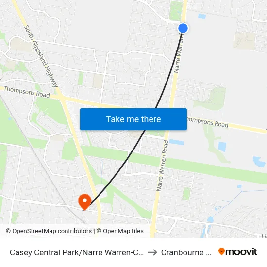 Casey Central Park/Narre Warren-Cranbourne Rd to Cranbourne Station map