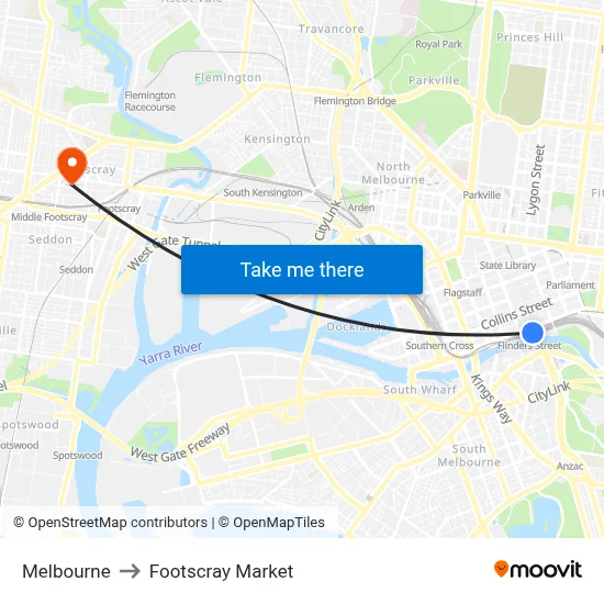 Melbourne to Footscray Market map