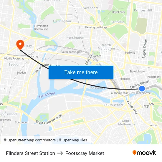 Flinders Street Station to Footscray Market map