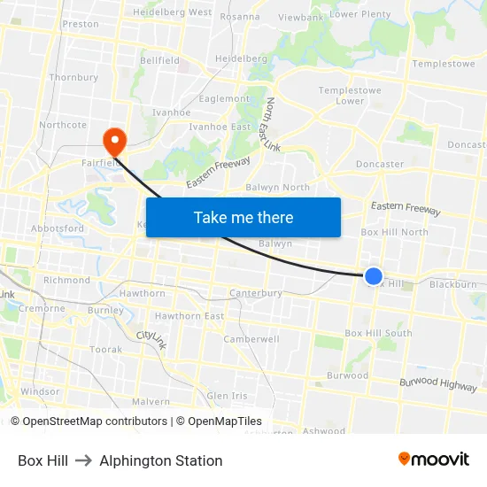 Box Hill to Alphington Station map
