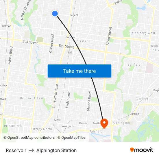 Reservoir to Alphington Station map