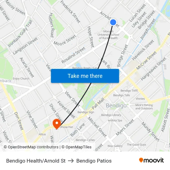 Bendigo Health/Arnold St to Bendigo Patios map