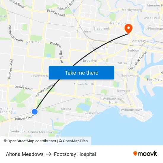 Altona Meadows to Footscray Hospital map