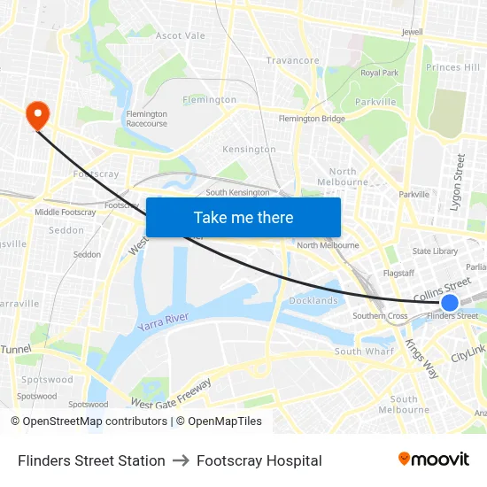 Flinders Street Station to Footscray Hospital map