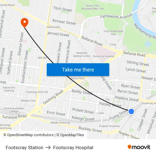 Footscray Station to Footscray Hospital map