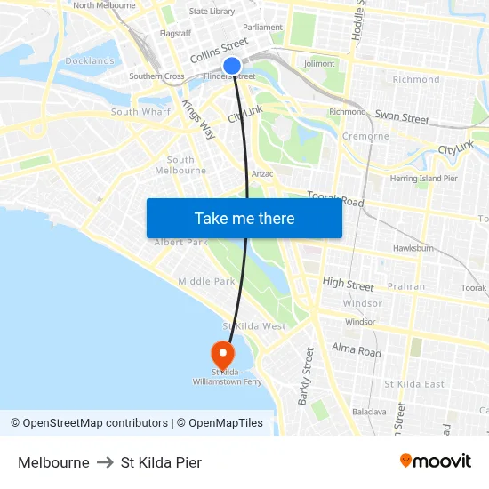 Melbourne to St Kilda Pier map