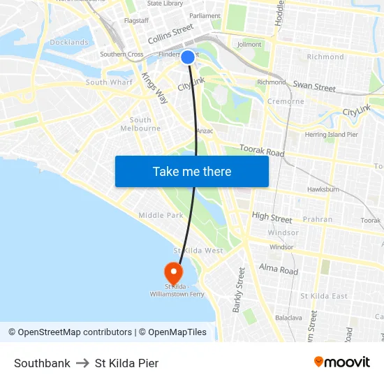 Southbank to St Kilda Pier map