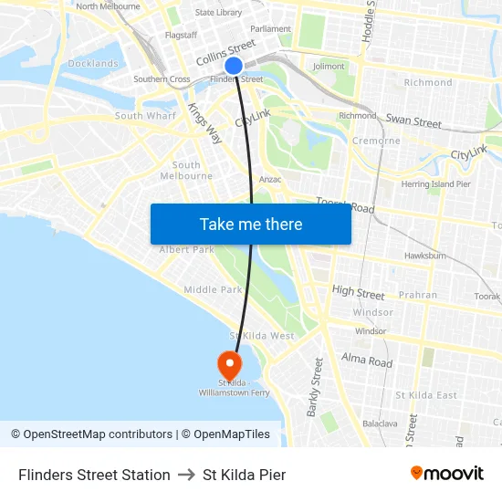 Flinders Street Station to St Kilda Pier map