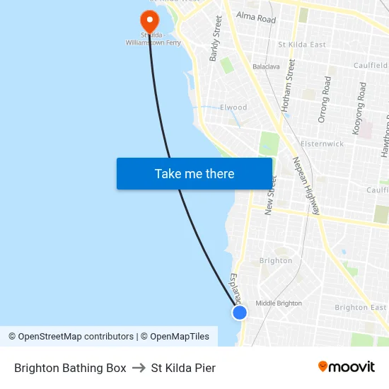 Brighton Bathing Box to St Kilda Pier map