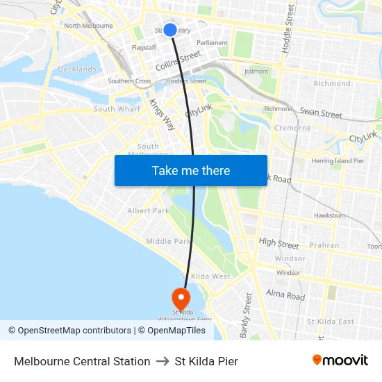 Melbourne Central Station to St Kilda Pier map