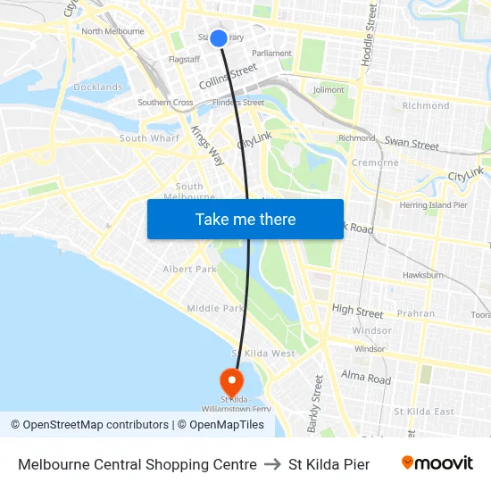 Melbourne Central Shopping Centre to St Kilda Pier map