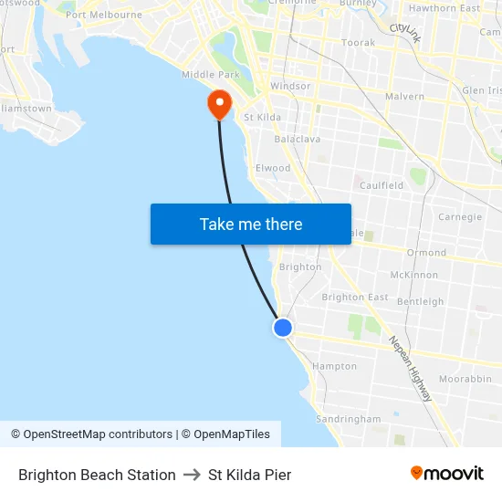 Brighton Beach Station to St Kilda Pier map