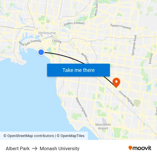 Albert Park to Monash University map
