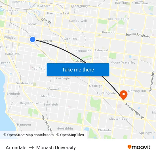 Armadale to Monash University map
