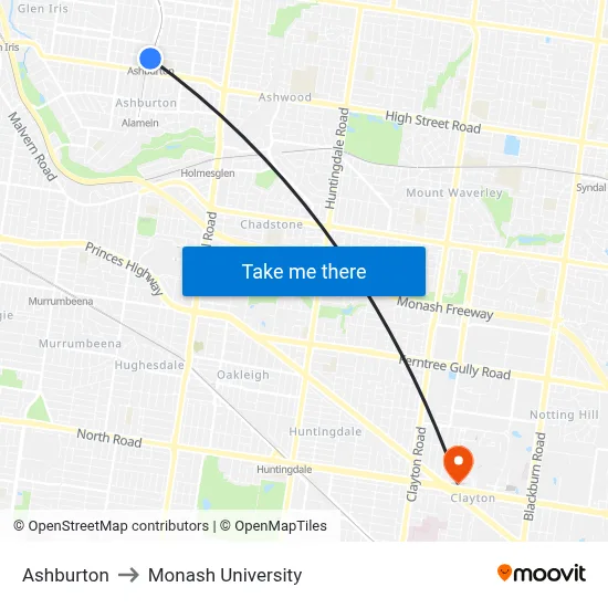 Ashburton to Monash University map