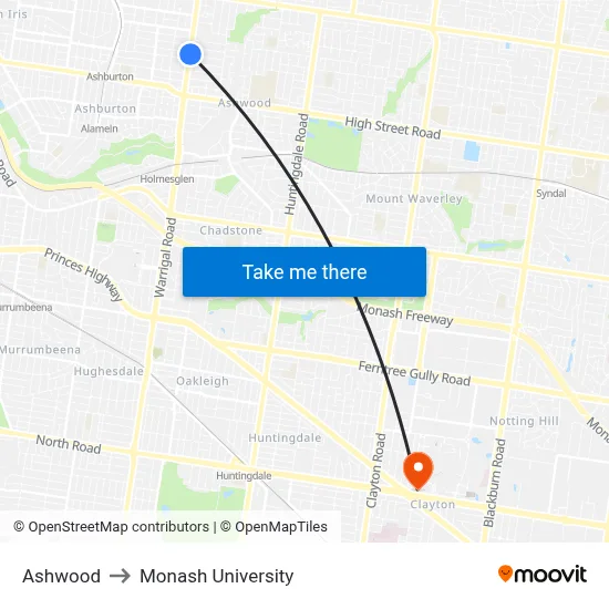 Ashwood to Monash University map