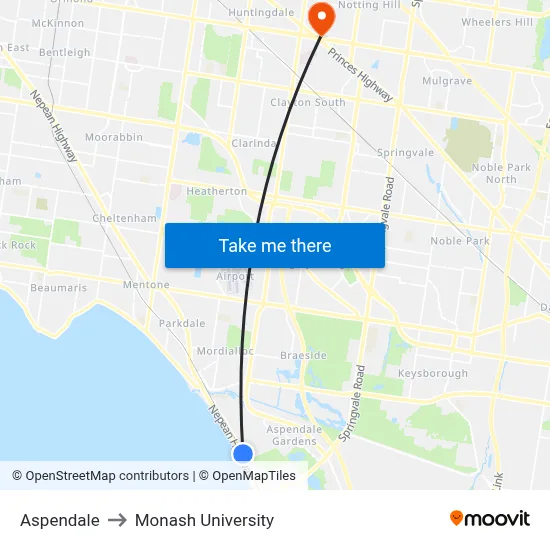 Aspendale to Monash University map