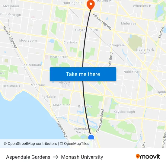 Aspendale Gardens to Monash University map