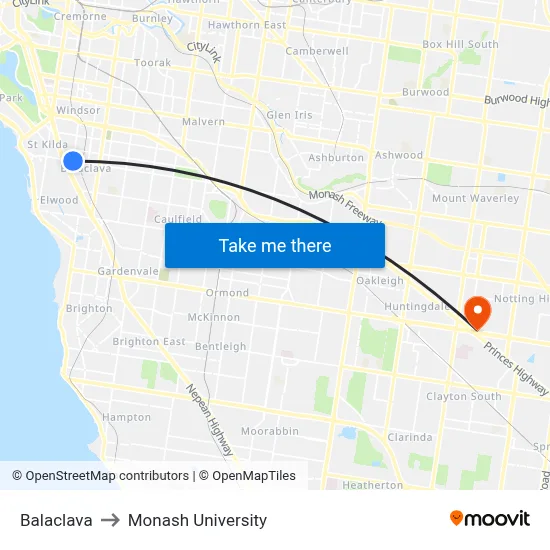 Balaclava to Monash University map