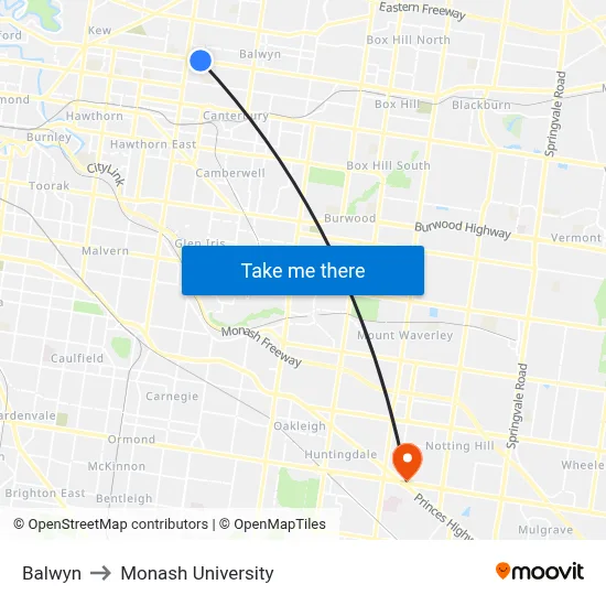Balwyn to Monash University map