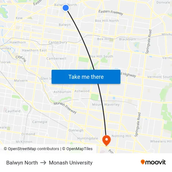 Balwyn North to Monash University map
