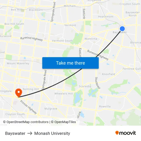 Bayswater to Monash University map
