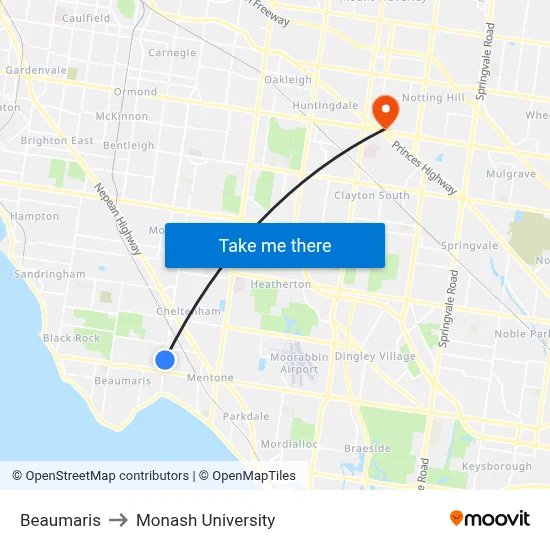 Beaumaris to Monash University map
